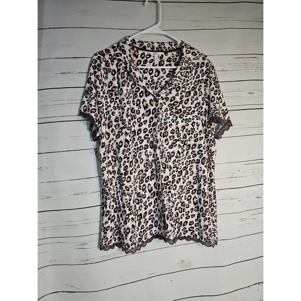 Soma Brown Animal Print Pajama Top‎ Short Sleeve Lace Trim SZ M